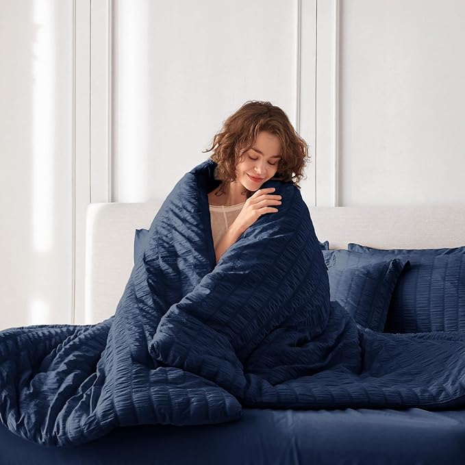 MUXHOMO 5 Pieces Twin Comforter Set, Seersucker Bed in a Bag Twin Size, All Season Luxury Bedding Set with Comforter, Flat Sheet, Fitted Sheet, Pillowcase & Sham, Navy Blue