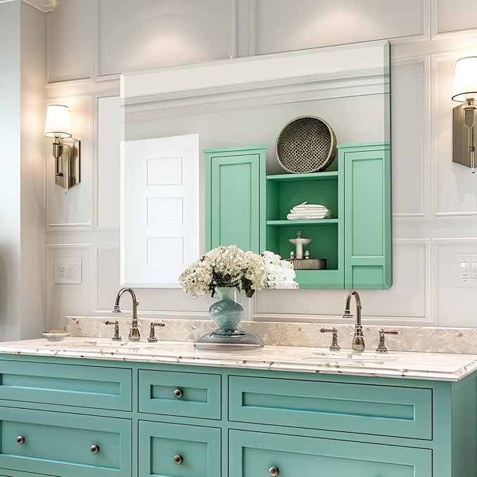 Mirrorons Beveled Mirror, Wall Mirror 40" x 32", Frameless Rectangle Bathroom Mirror with Beveled Edge, Hangs Horizontally or Vertically. Rounded Corner Tempered