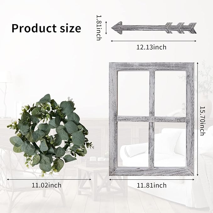 Rustic Wood Window Frame with Green Wreath and Arrows Wall Decor，Farmhouse Window Frame Hanging Decor, Wooden Fake Decoration,Window Pane Wall Decor,Set of 2 (White)
