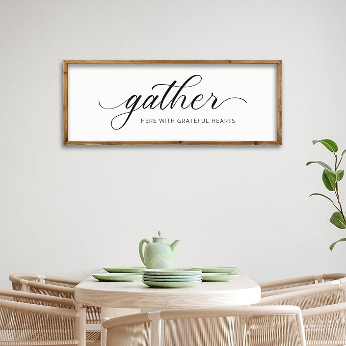 ZZJJHYWGQ Gather Here With Grateful Hearts Sign Rustic Farmhouse Wall Art 32"×12" For Dining Room kitchen Family Gathering Thanksgiving Decor Minimalist Large Wooden Framed Hanging Art (Wood)