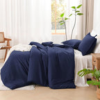 Litanika Comforters Navy Blue Oversized Queen Size, 3 Pieces Lightweight Solid Bedding Set & Collections, All Season Fluffy Bed Set (98x98In Comforter & 2 Pillowcases)
