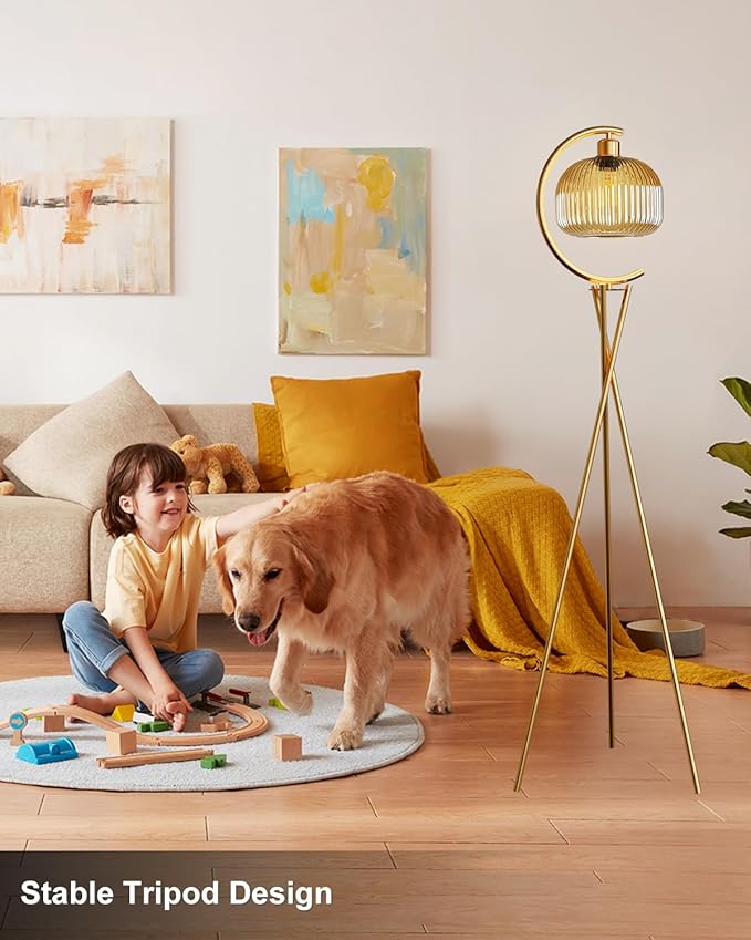 Lightdot Tripod Floor Lamp for Living Room, Gold Standing Lamp with Brown Glass Lampshade, Farmhouse Tall Lamp for Bedroom, Arced Reading Light for Home Office