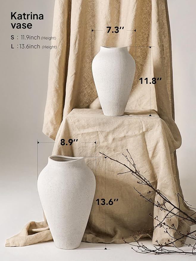 White Ceramic Vase - Large 13.6 Inch Tall Floor Vase for Centerpieces, Farmhouse Rustic Minimalist Home Decor for Living Room, Enterway, Wedding (Sandstone White)