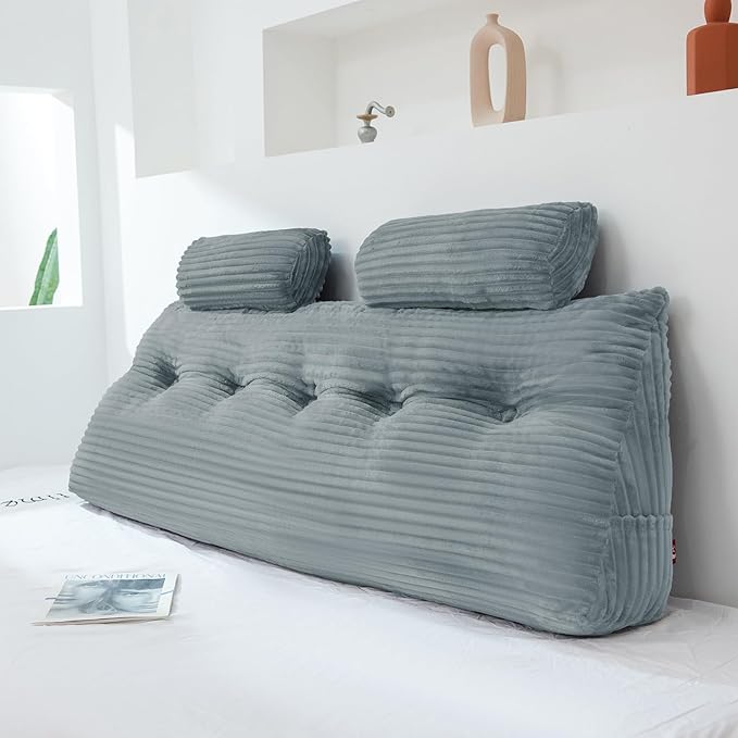 Headboard Wedge Pillow with 2 Pack Neck Roll Pillow Large Headboard Pillow Soft and Supportive with Removable Cover (Light Grey, Queen:59x8x20 Inches)