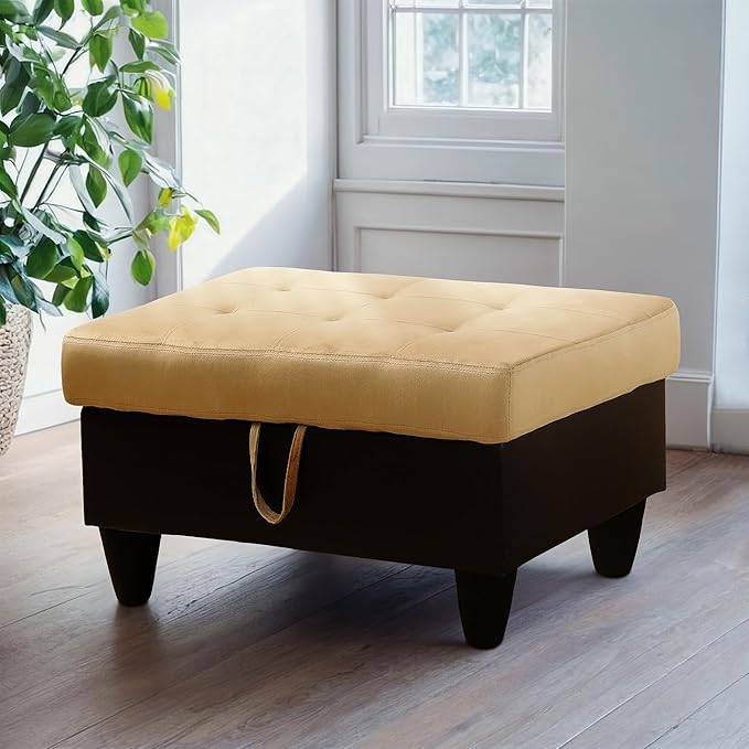 Ottoman Rectangular Storage Ottoman Bench, Flannel Footrest Stool Footstool with Lid for Living Room, Bedroom, Entryway, Champagne&Black, 35"x23.5"x17.5"