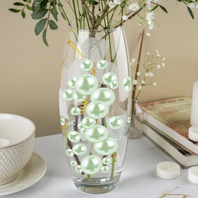 100PCS Light Green Faux Pearls Beads for Centerpiece Vases, Vase Filler Faux Pearls, No Holes Filler Beads for Easter Party Anniversary Birthday Wedding Table Decor, 14/20/30mm