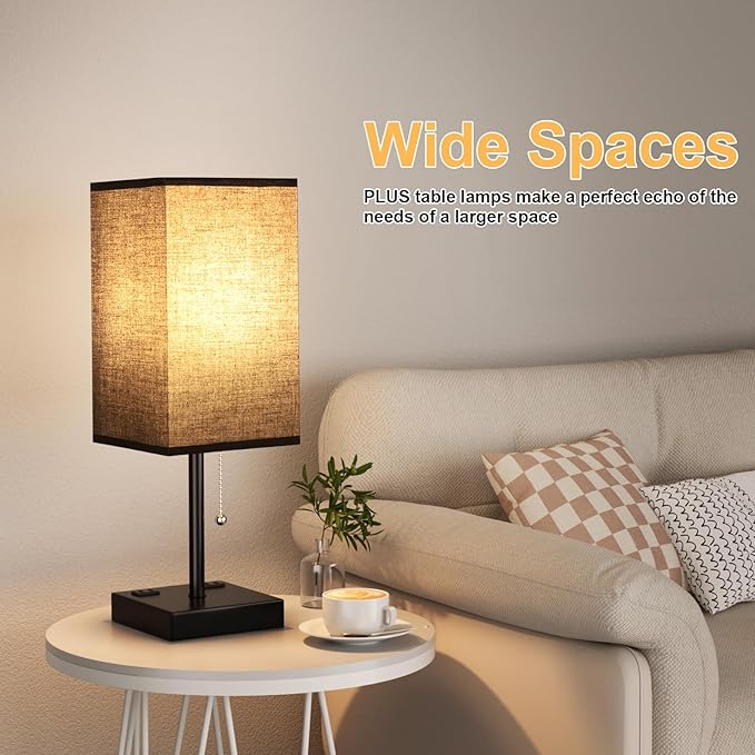Plus Black Bedside Table Lamps Set of 2 - Bedroom Lamps with 3 Colors (3000K/5000K/4000K), Square Nightstand Lamp with USB C + A Charging Ports and 2 AC Outlets, Pull Chain Night Light for End Table