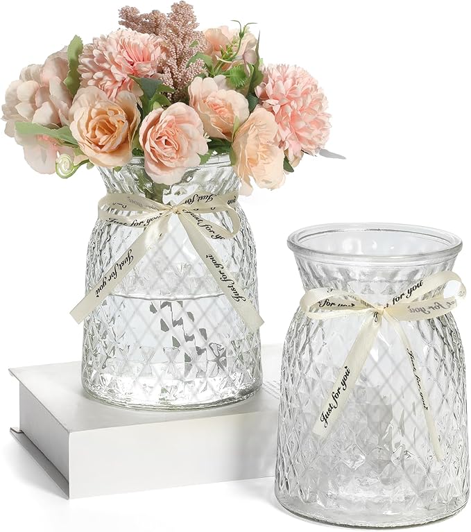 SOJOCK 2PACK Glass Flower Vases(Flowers NOT Included),6.3" High Diamond Pattern Vases,Vintage Vases for Centrepieces,Wedding Decorations,Home Table Flower Decorations