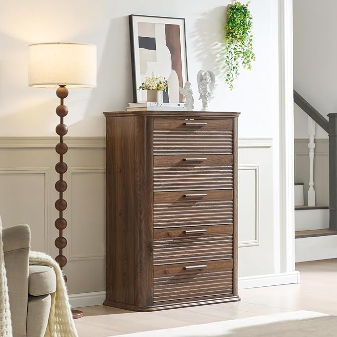 Okvnbjk 5 Drawers Dresser for Bedroom, 45" Tall Dresser with Curved Profile Design, Wood Fluted Chest of Drawer, Modern Drawer Storage Organizer for Bedroom, Living Room, Entryway