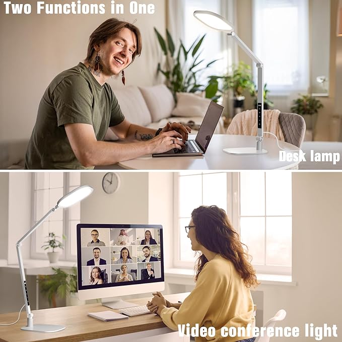 LED Desk Lamp for Home Office, 15W Desk Light with CRI >95, Memory & Timer Function, 1200LM Dimmable Computer Light for Video Calls, Conference, Reading, Study (White)