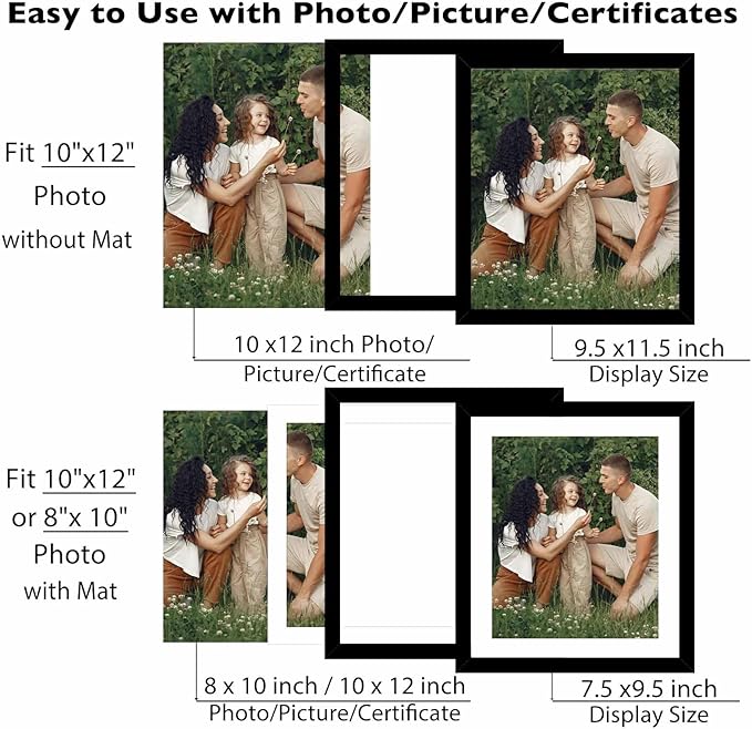 12 Packs 10x12 Picture Frames, Display 8x10 with Mat or 10x12 Without Mat, Gallery Wall Frame Set, 10 by 12 Frames Bulk Set of 12 Collage Wall Decor Photo Frames Set for Wall and Tabletop, Black