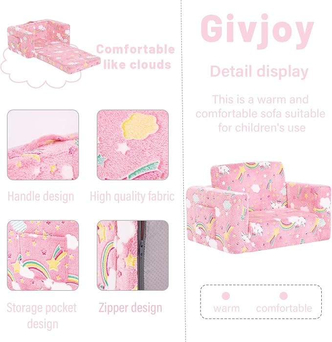 Toddler Chair Kids Couch, 2-in-1 Comfy Armchair with Removable and Washable Cover Carrying Handle, Convertible Reading Chair Toddler Couch for Girls and Boys, Pink Rainbow