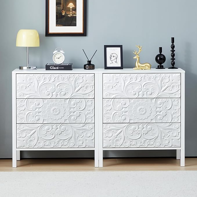 White 3 Drawer Dresser Set of 2, Wide Dresser Chest with 6 Drawers, Accent Nightstand Cabinet Luxury Carving Bedside Table for Bedroom Hallway Living Room Entryway Office (2, White)