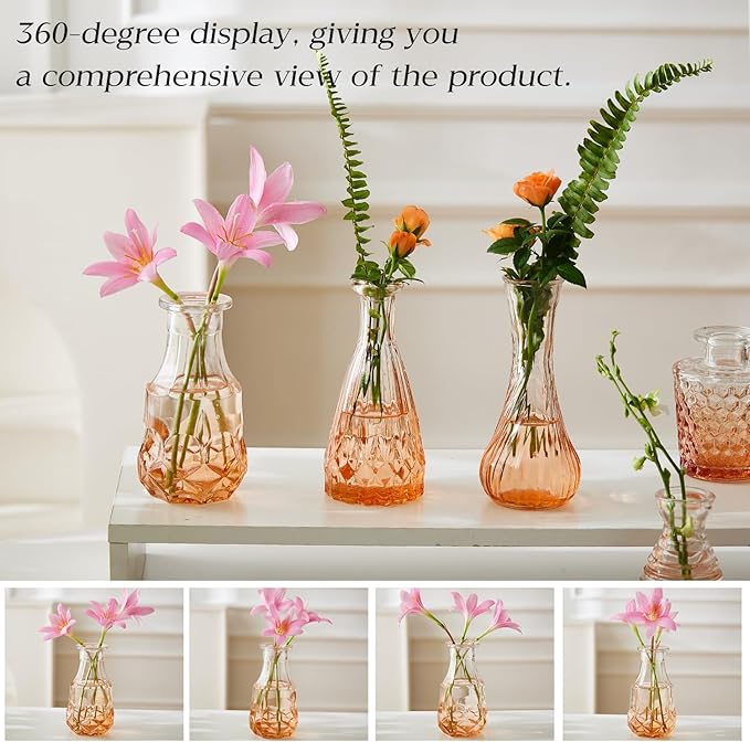 Glass Bud Vase Set of 60 - Small Vases for Flowers in Bulk - Assorted Vintage Crystal Vases for Flowers, Table Centerpieces (Amber, 60 Pcs)