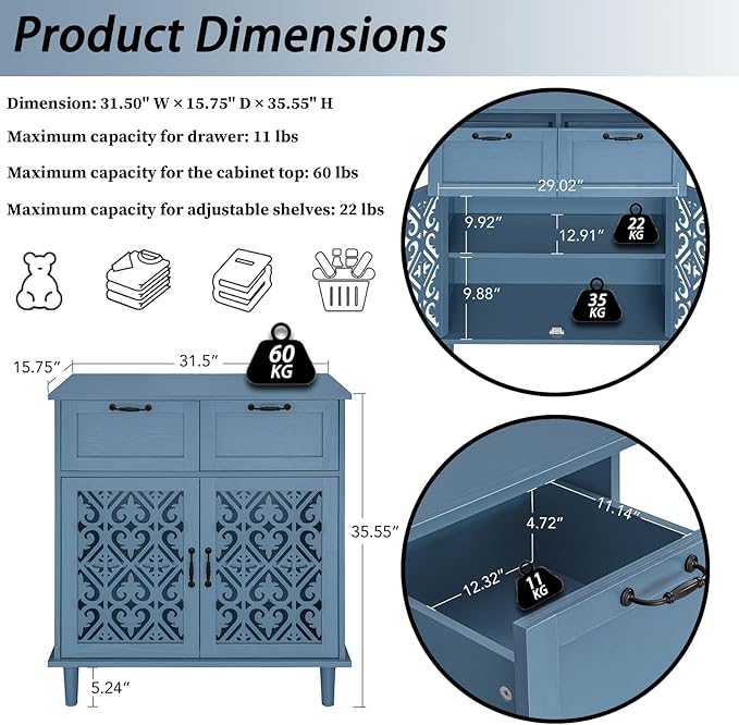 Kitchen Storage Cabinet with Drawers - Accent Cabinet with Carved Door, Floor Sideboard Buffet with Storage, Small Wood Credenza for Living Room, Dining Room, Entryway, Blue