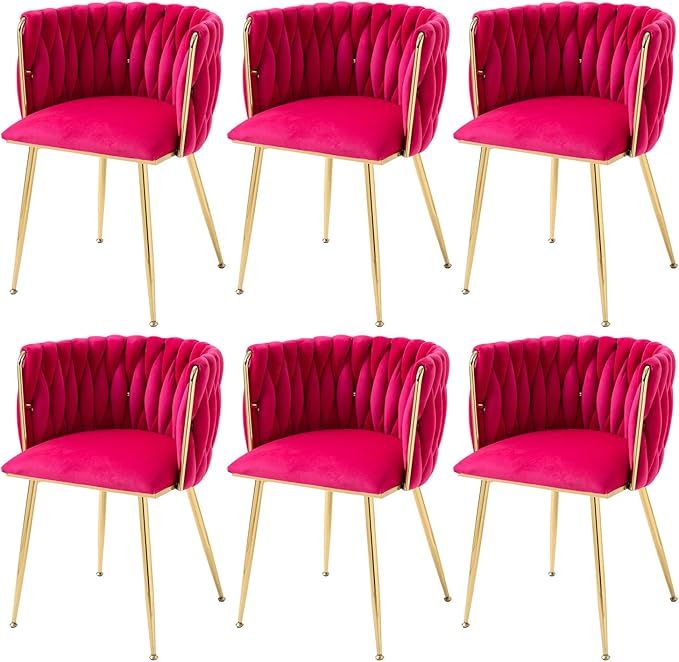 Nrizc Woven Dining Chairs Set of 6, Velvet Upholstered Dining Chairs with Gold Metal Legs, Modern Accent Chairs for Living Room, Dining Room, Kitchen (Rose Red)