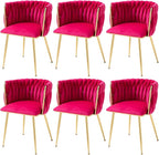Nrizc Woven Dining Chairs Set of 6, Velvet Upholstered Dining Chairs with Gold Metal Legs, Modern Accent Chairs for Living Room, Dining Room, Kitchen (Rose Red)