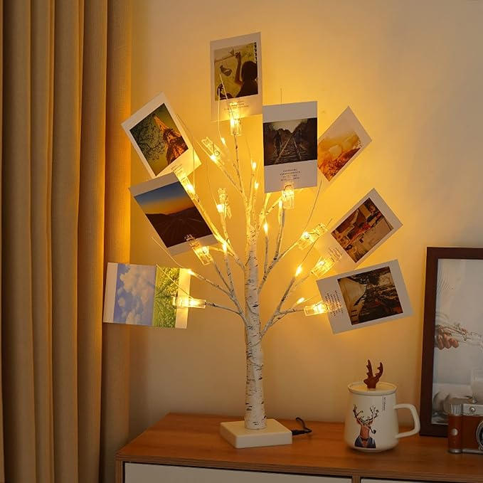 Money Tree Gift Card Holder - DIY Birch Tree Lamp with 12 Clips and 24 Twig LEDs, Display Money Cash Photo for Birthday Christmas Home Party Festival Wedding
