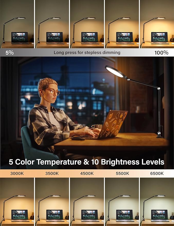 BOHON LED Desk Lamp for Home Office, Fully Dimmable Bedside Lamps with USB A and C Charging Port, 5 Colors Reading Lamp with Night Light, Auto Timer, Table Lamp for College Dorm Room