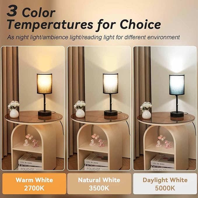 Small Bedside Table Lamp for Nightstand with USB & Outlet, 3 Color, Matte Black, Black Lampshade (LED Bulb Included)
