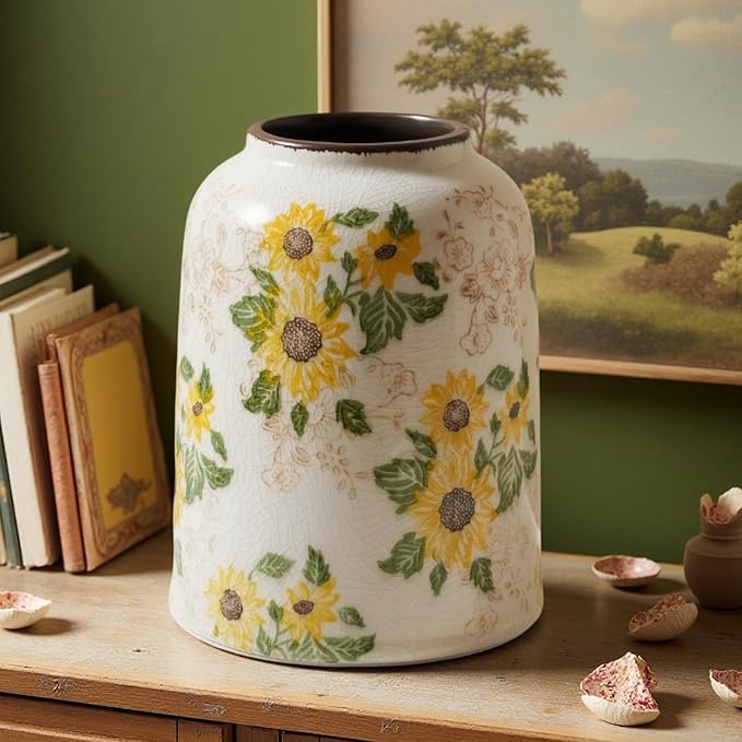Levvohd Vintage Ceramic Vase, 7.9 Inch Chinoiserie Sunflower Yellow Floral Vases, Retro Ice Cracked Rustic Antique Flower Vases for Modern Coffee Table Home Decor (Medium Cylinder)