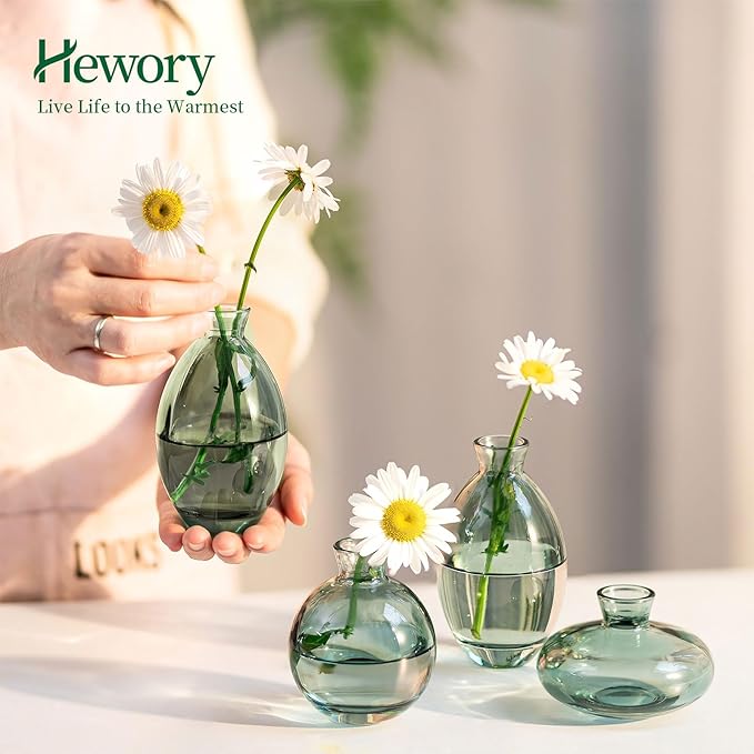Glass Bud Vases Set of 3, Hewory Cute Green Small Vases Handmade, Mini Glass Flower Vase for Floral Arrangements, Tiny Centerpiece for Home Office Wedding Party Events Table Decor (Not Include Flower)