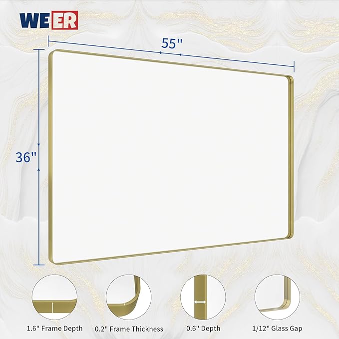 WEER Gold Bathroom Mirror, 55X36 Inch Brushed Gold Metal Frame Mirror, Rounded Rectangle Gold Bathroom Vanity Mirror for Wall, Tempered Glass, Anti-Rust, Hangs Horizontally or Vertically