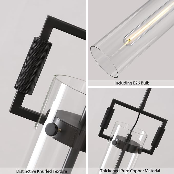 Modern Black Pendant Lights Set of 2, 21.6'' kitchen pendant lighting over island, Indoor Adjustable Height Glass Pendant Light Fixtures, Large Pendant Lights Kitchen Island, E12 Bulb Included