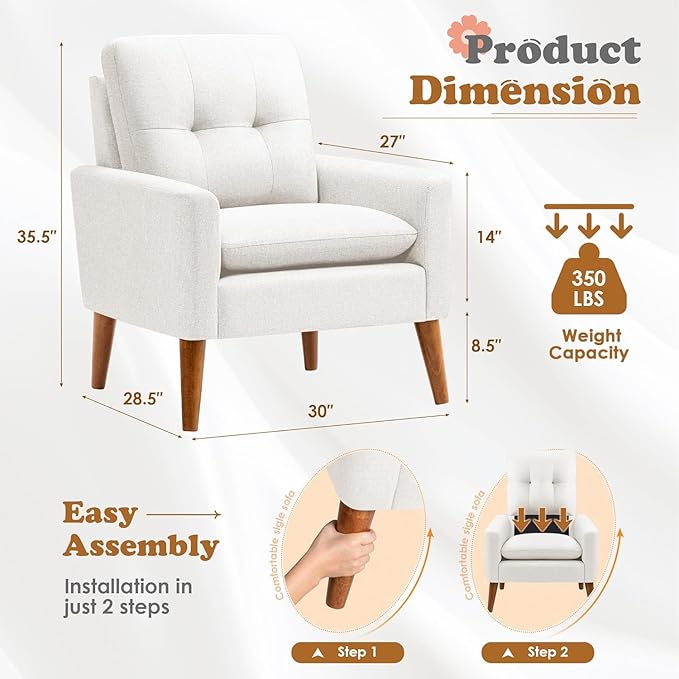 JUMMICO Mid Century Accent Chair, Fabric Modern Reading Living Room Chair, Fluffy Comfy Armchair Small Sofa Chair with Wood Legs for Bedroom Office Cafe, Set of 1 (Pure White)