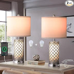 Serteaw Touch Control Table Lamp Set of 2,Silver Crystal Nightstand Lamps with USB Charging Ports, Stepless Dimming, Modern Side Lamps for Bedroom & Living Room, Energy-Efficient LED Bulbs Included
