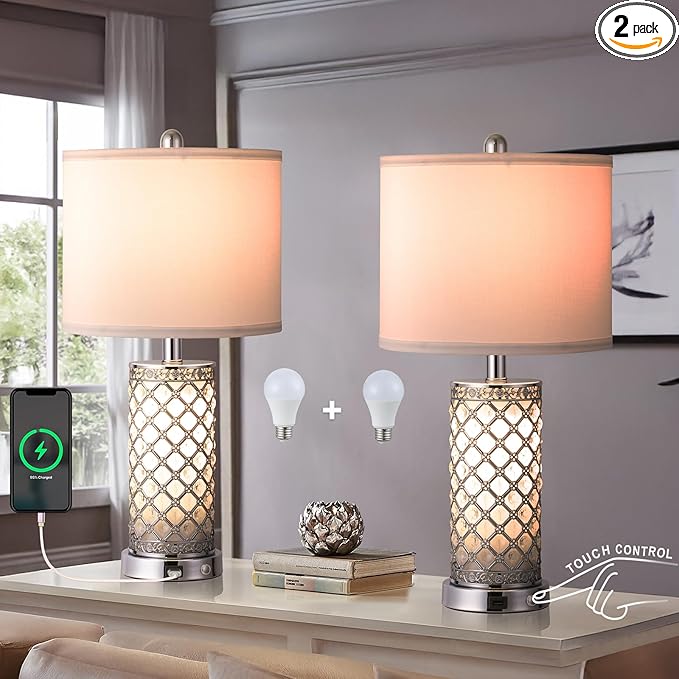 Serteaw Touch Control Table Lamp Set of 2,Silver Crystal Nightstand Lamps with USB Charging Ports, Stepless Dimming, Modern Side Lamps for Bedroom & Living Room, Energy-Efficient LED Bulbs Included