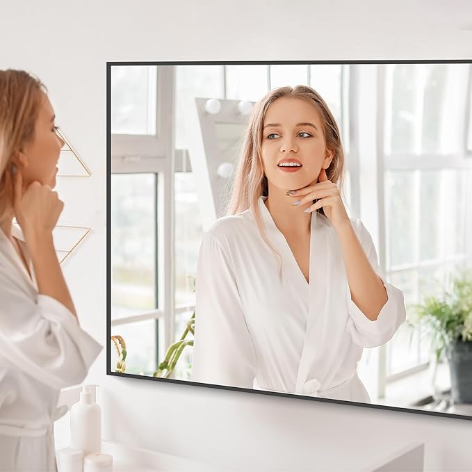 Black Bathroom Mirror for Wall, 55x30 Inch Rectangle Mirrors with Metal Frame, Modern Vanity Wall Mirror Decor for Bathroom Living Room, Entryway Hangs Horizontal or Vertical