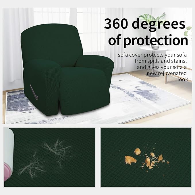 Easy-Going 4 Pieces Oversized Recliner Stretch Sofa Slipcover Sofa Cover Furniture Protector Couch Soft with Elastic Bottom,Polyester Spandex Jacquard Fabric Small Checks Dark Green
