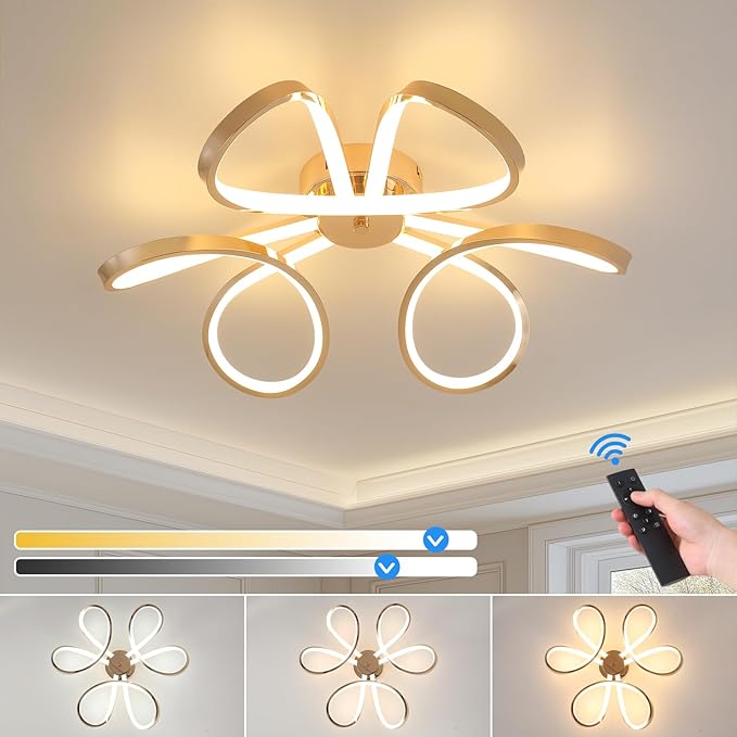 Q&S Modern Dining Room Light Fixture,Kitchen Led Ceiling Light,Dimmable Gold Flush Mount Ceiling Light Fixture for Bedroom with Remote,Led Chandelier for Living Room Hallway 3-Color Change