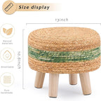 Handwoven Round Ottoman, Natural Water Hyacinth Outdoor Patio Pouf Seagrass Low Stool with Wood Legs, Soft Padded Footrest for Living Room Bedroom Garden, Green