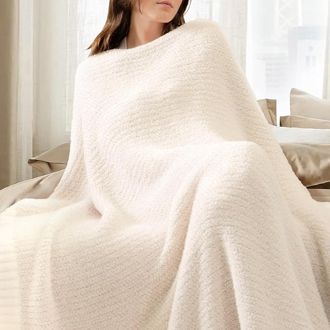 Snuggle Sac Queen Size Oversized Super Soft Bed Blanket - Warm & Cozy Knit Fuzzy Microfiber Blankets in Heather Ivory, 90 x 90