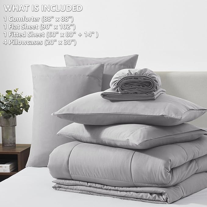 CozyLux Queen Comforter Set Grey, 7 Pieces Bed in a Bag, Gray Comforter Queen Size, All Season Bedding Sets with Stitch Quilted Comforter, Flat Sheet, Fitted Sheet, Pillowcases