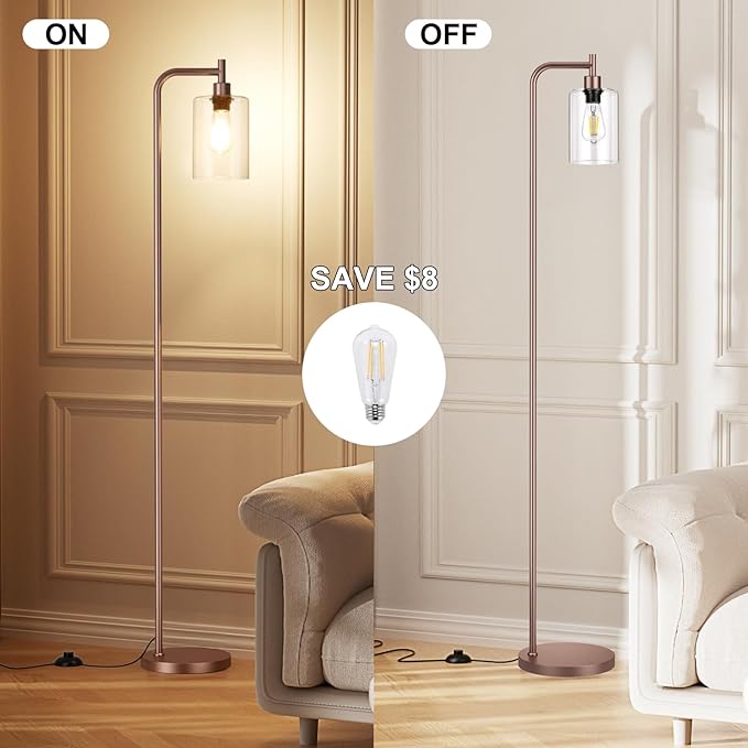 Floor Lamps for Living Room - Industrial Standing Lamp with Glass Shade, Modern Floor Lamp with LED Bulbs, Farmhouse Floor Lamp for Bedroom, Tall Lamp for Office - Brown