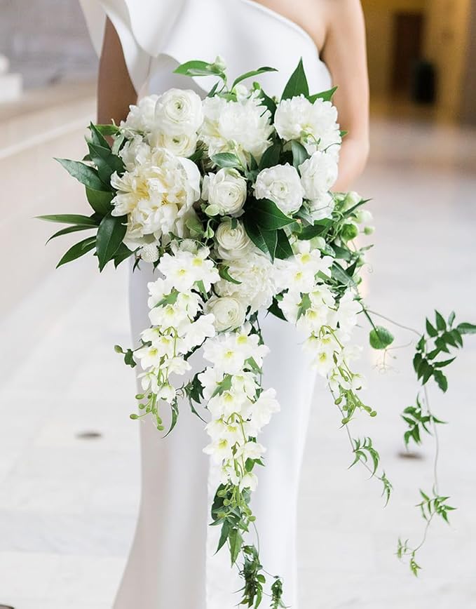 8PCS Artificial Delphinium White Flowers with Clematis Greenery Long Stem Artificial Flowers Cream for Tall Vase for Home Wedding Floral Arrangement Centerpiece Table Decor (Cream White)