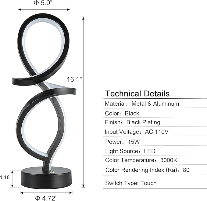 Mayful Modern RGB Table Lamp with LED Spiral Design, Black Bedside Lamp & Nightstand Lamp, Touch Dimmable with 7 Colors & 10 Modes for Bedroom, Living Room, Home Office, 15W