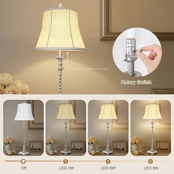 Candle Stick Buffet Table Lamp Set of 2, 33'' Vintage Nightstand Lamps with Silver Leaf Finish and White Linen Shades, 3-Way Dimmable Bulb Included, Country Style Bedside Lamps for Living Room Bedroom