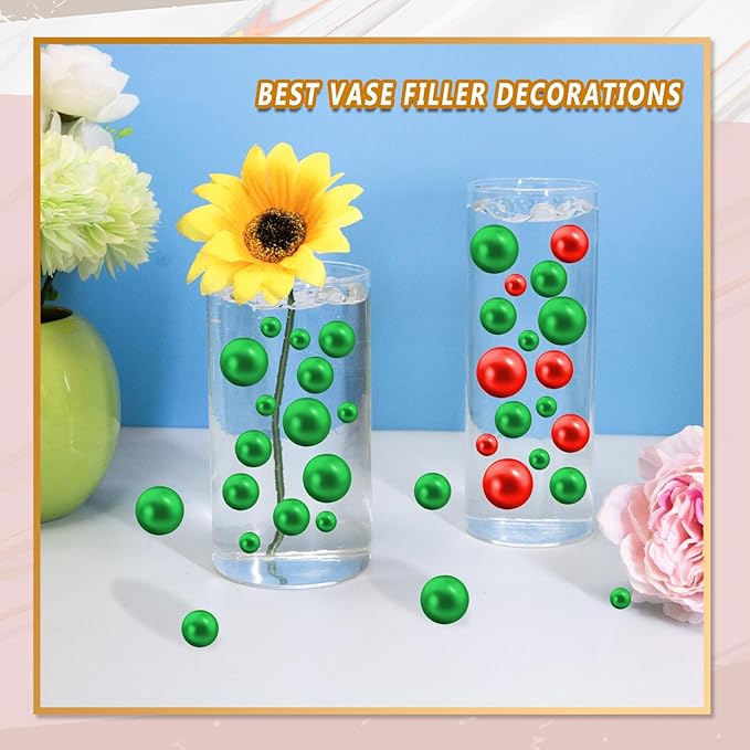 300Pcs Vase Filler Green No Hole Faux Pearl Beads for Vase Filling Decorations, Candle Centerpieces, Wedding Centerpieces, Home Party Decor (8/14/20mm)