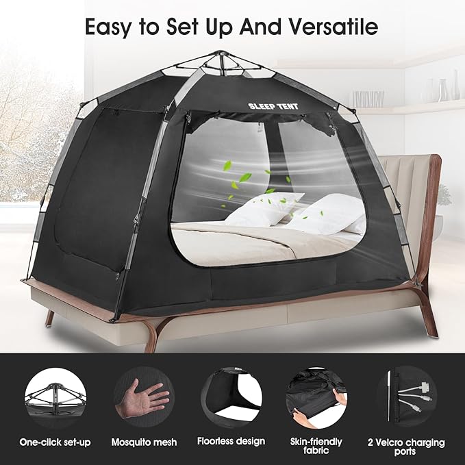 Portable Bed Tent Bed Canopy Queen Size,ONE-Click Sleeping Tent Breathable Indoor Tent Privacy Large Space with 3 Doors for Kids and Adult