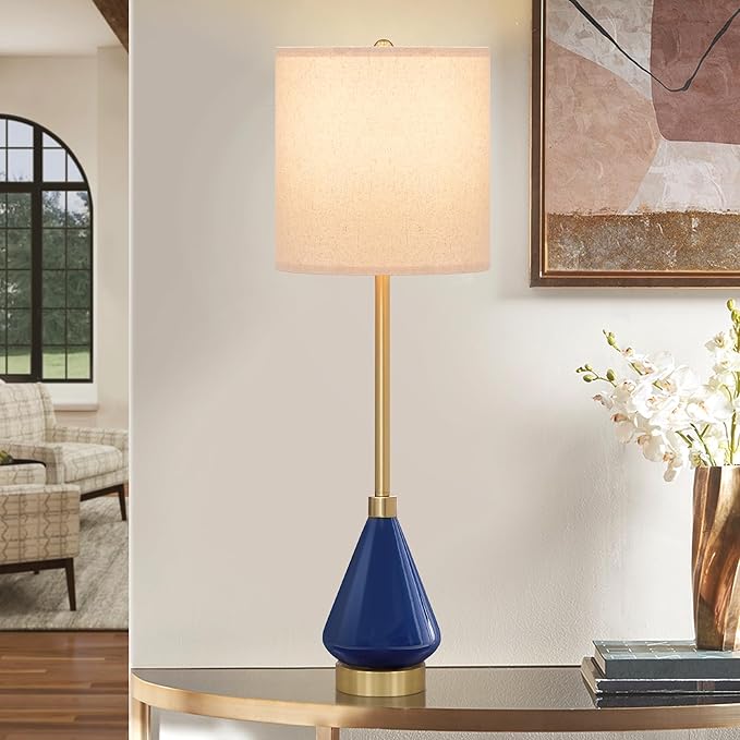 32" Blue Gold Buffet Table Lamps for Living Room Set of 2, Ceramic Buffet Lamps Set of 2 for Console Table, Tall Navy Blue Lamps Set 2, Contemporary Candlestick Lamps for Hallway, Credenza, Bedroom