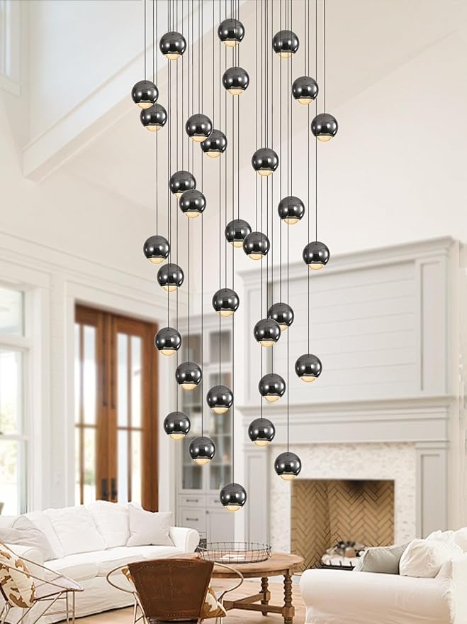 Farmhouse Crystal Chandelier, Luxury Hanging Lights High Ceiling Pendant Lighting for Foyer Staircase 32 Lights Black Dimmable 2700k-6000k