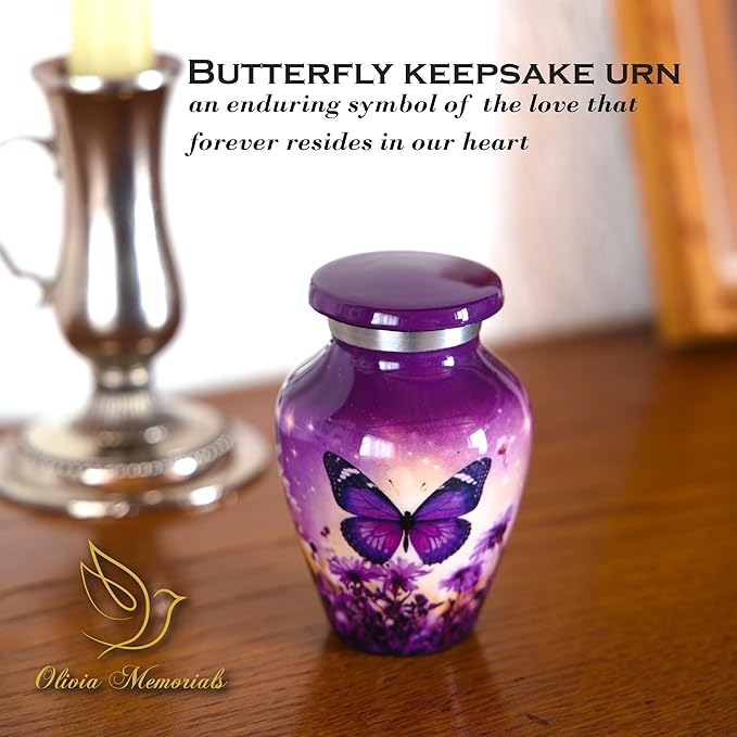 Olivia Memorials Urn for Ashes Women Men - Cremation Urns for Adult Male Female Human - Large Urns for Mom - mall Mini Keepsake (Purple Butterfly, 1 Small Keepsake)