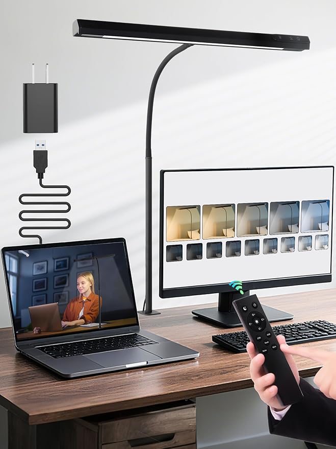 LED Desk Lamps for Home Office,5 Color+9 Brightness Desk Light,Touch & Remote Control,1000 Lumen Bright Monitor Light with Timer,12W USB Adapter Clamp Lamp for Computer, Reading, Study, Workbench