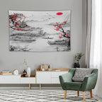 Cherry Blossoms Tapestry, Japanese Red Landscape Watercolor Abstract Art, Asian Japanese Wall Tapestry, Nature Landscape Tapestries for Bedroom Living Room Decor 90"x60"