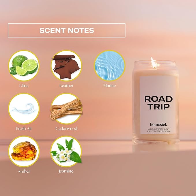 Homesick Scented Candles for Home (Road Trip) - 13.75 oz Long-Lasting Natural Soy Wax Blend Jar Candle Gifts for Women & Men for All Occasions, 60-80 Hours Burn Time - Notes of Lime, Leather & Marine