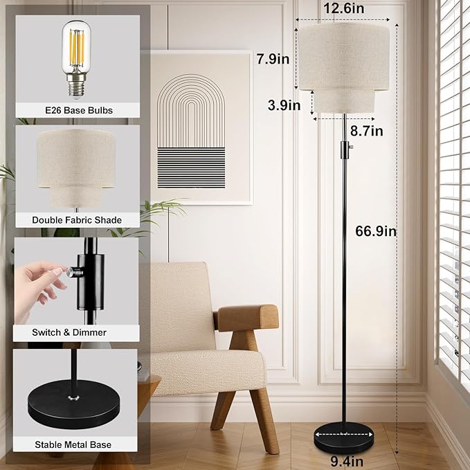 Lightdot 67IN LED Floor Lamp for Living Room, LED Standing Floor Lamps with Double Fabric Shade, E26 Bulb Included, Vintage Corner Lighting, Mid Century Floor Lamp for Bedroom Home Office-Black